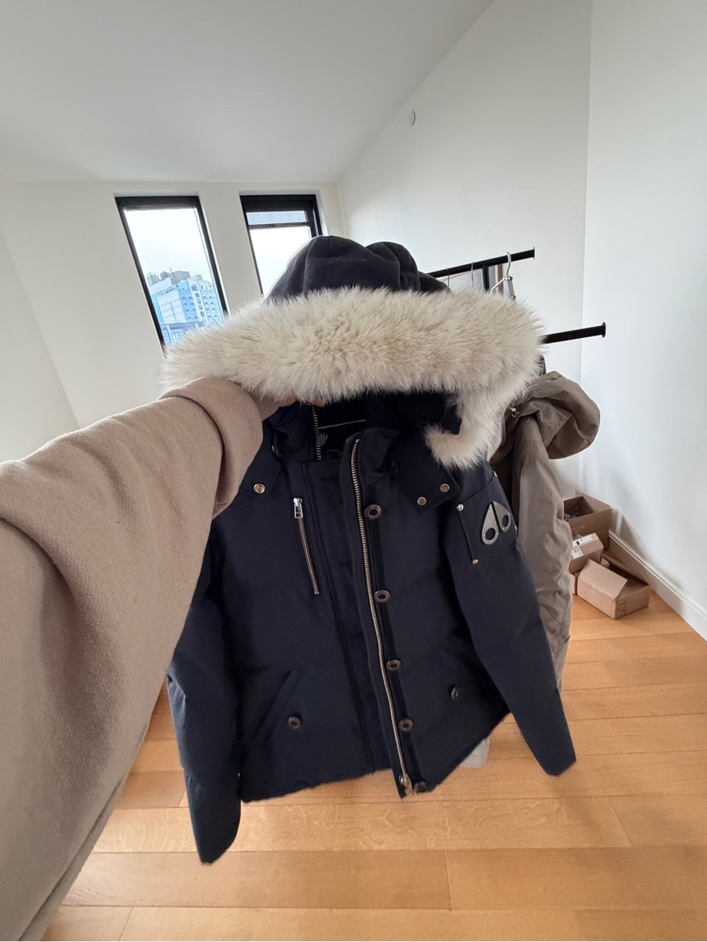 Moose Knuckles Navy Hooded Puffer with Fur-Trim